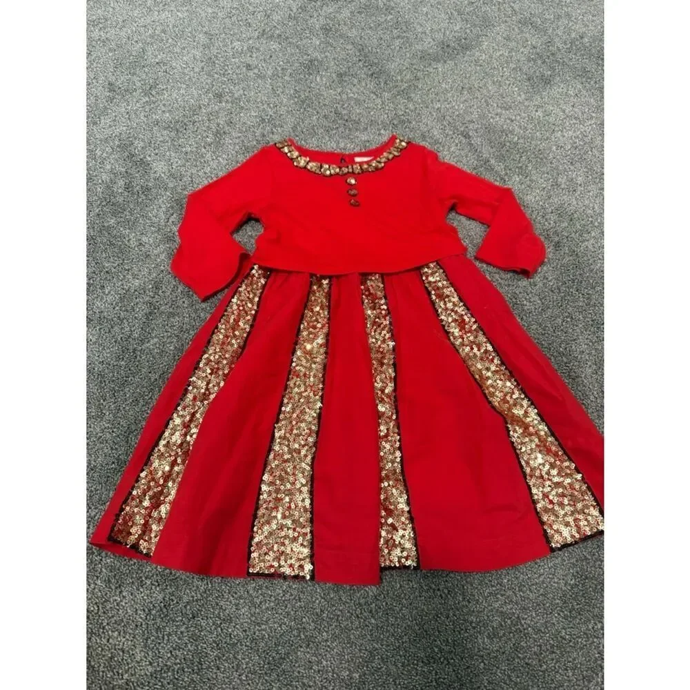Mini Boden Red Gold Sequin Accents Fancy Dress Sz 7-8